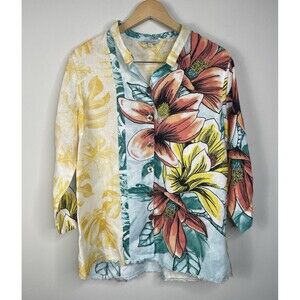 JOHN MARK Wire Collar Linen Tropical Floral Print Tunic Large Multicolor Casual